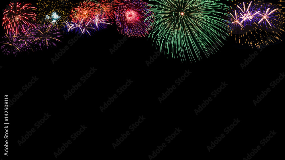 Fireworks isolated on black background for new year celebration, party, festival or special occasions with copy space for text decoration