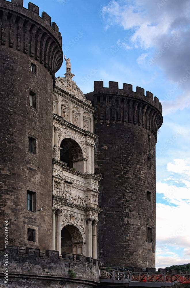 NAPLES, ITALY, January 05, 2017: Front view to the New Castle (Castel Nuovo). It is a medieval castle located in front of Piazza Municipio and the city hall  in central Naples, Italy