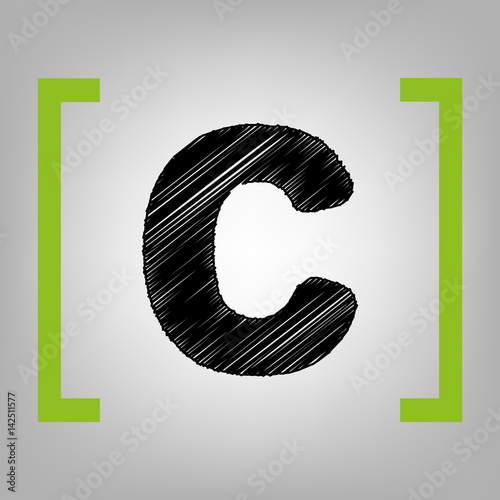 Letter C sign design template element. Vector. Black scribble icon in citron brackets on grayish background.