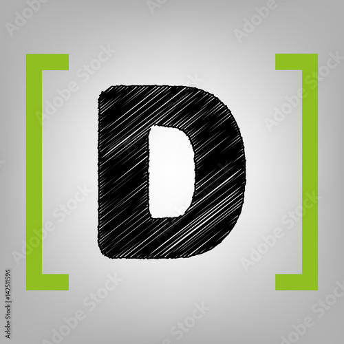 Letter D sign design template element. Vector. Black scribble icon in citron brackets on grayish background.