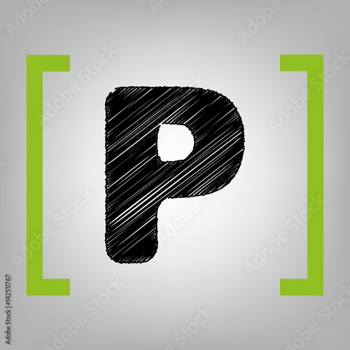 Letter P sign design template element. Vector. Black scribble icon in citron brackets on grayish background.