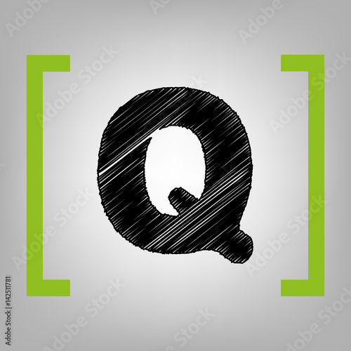 Letter Q sign design template element. Vector. Black scribble icon in citron brackets on grayish background.