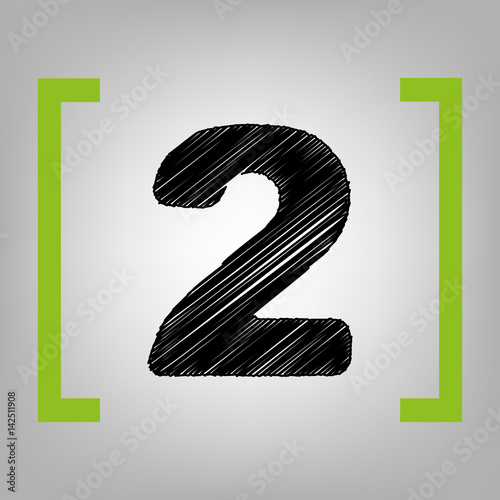 Number 2 sign design template elements. Vector. Black scribble icon in citron brackets on grayish background.