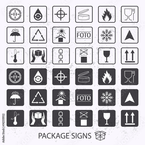 Vector packaging symbols on vector grunge background. Shipping icon set including recycling, fragile, the shelf life of the product, flammable, non-toxic material, this side up, other symbols. 