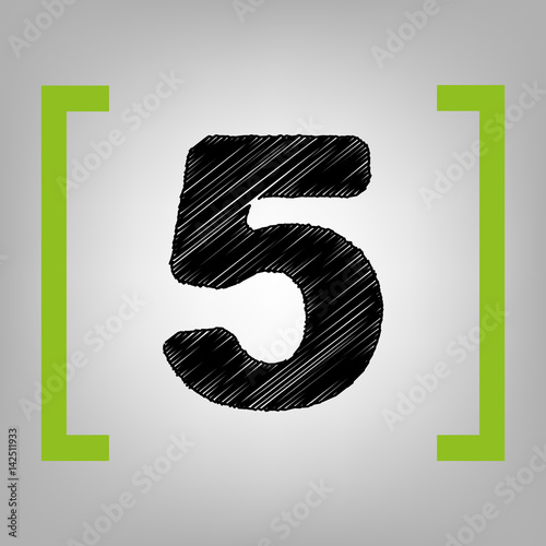 Number 5 sign design template element. Vector. Black scribble icon in citron brackets on grayish background.