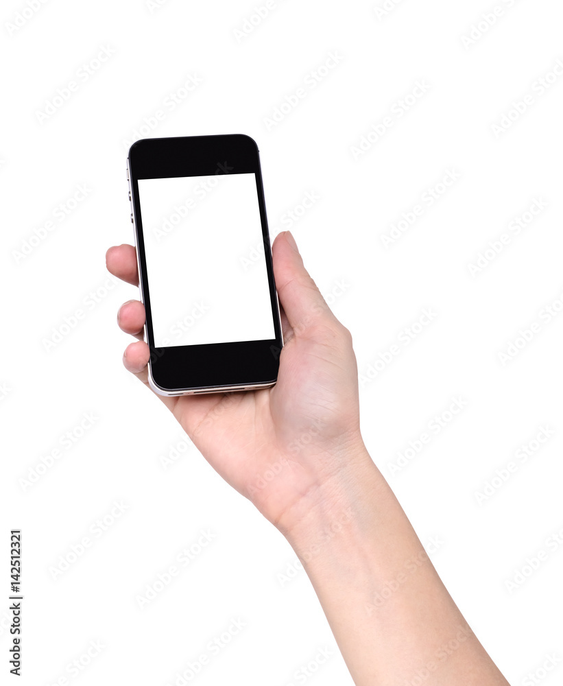 Close-up of right hand holding smartphone isolated on white background for using on other retouching production purposes; technology, travel, shopping, health or relaxing Close-up of right hand holding smartphone isolated on white background for using on other retouching production purposes; technology, travel, shopping, health or relaxing