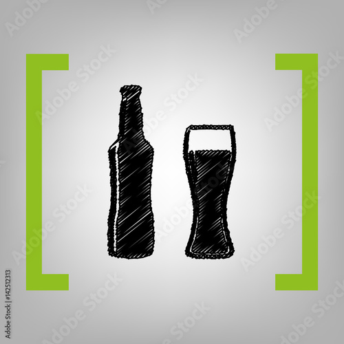 Beer bottle sign. Vector. Black scribble icon in citron brackets on grayish background.