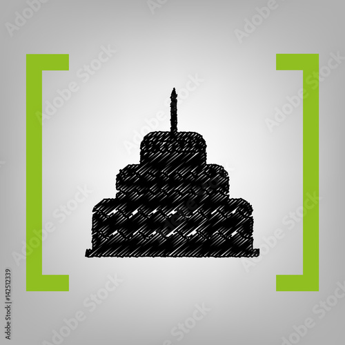 Cake with candle sign. Vector. Black scribble icon in citron brackets on grayish background.