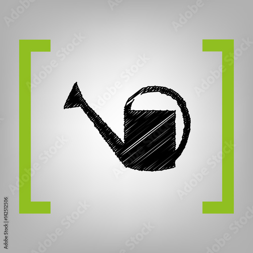 Watering sign. Vector. Black scribble icon in citron brackets on grayish background.