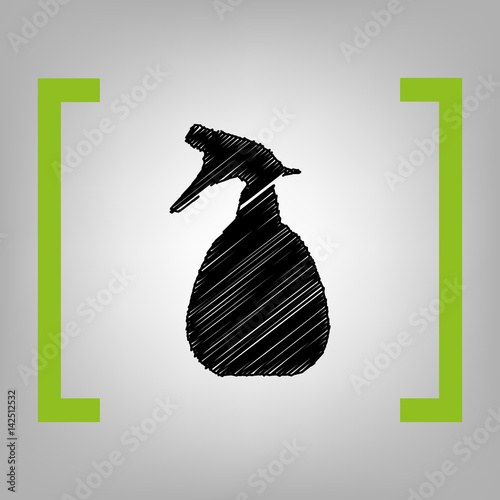 Spray bottle for cleaning sign. Vector. Black scribble icon in citron brackets on grayish background.
