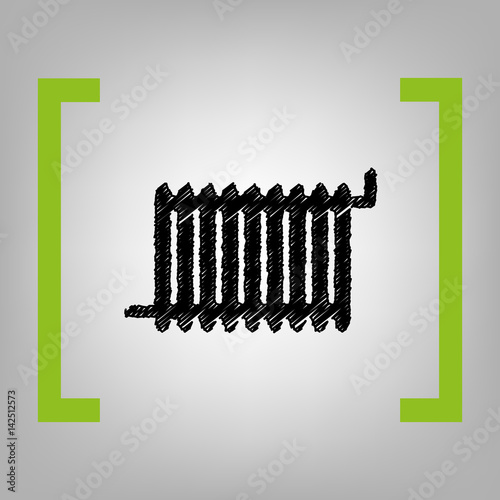 Radiator sign. Vector. Black scribble icon in citron brackets on grayish background.