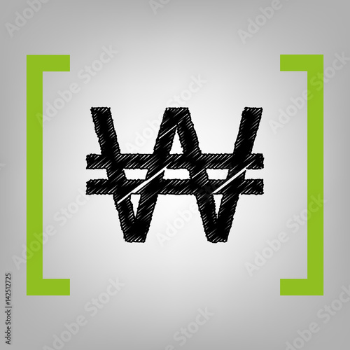 Won sign. Vector. Black scribble icon in citron brackets on grayish background.