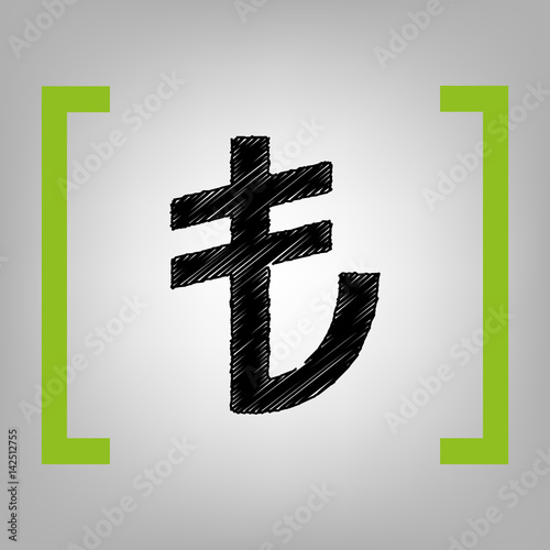 Turkiey Lira sign. Vector. Black scribble icon in citron brackets on grayish background. photo