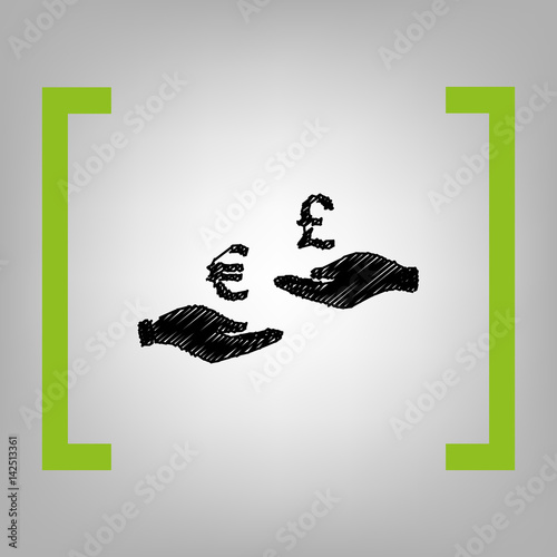 Currency exchange from hand to hand. Euro and Puond. Vector. Black scribble icon in citron brackets on grayish background. photo