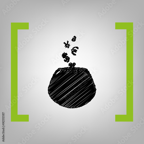 Wallet sign with currency symbols. Vector. Black scribble icon in citron brackets on grayish background.