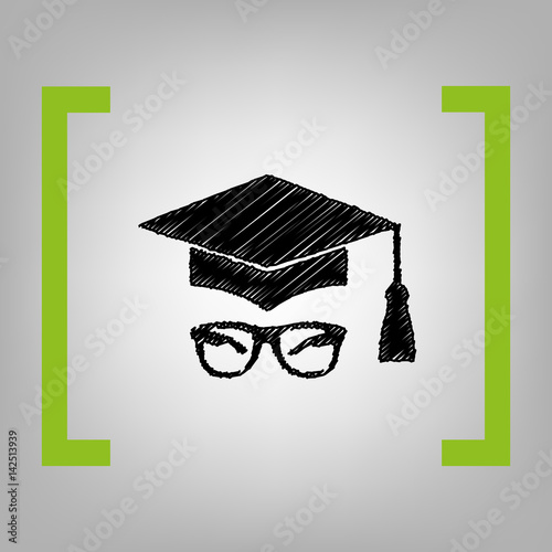 Mortar Board or Graduation Cap with glass. Vector. Black scribble icon in citron brackets on grayish background.