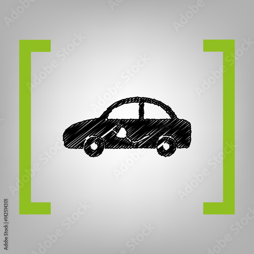 Electric car sign. Vector. Black scribble icon in citron brackets on grayish background.