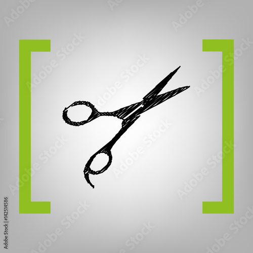 Hair cutting scissors sign. Vector. Black scribble icon in citron brackets on grayish background. photo