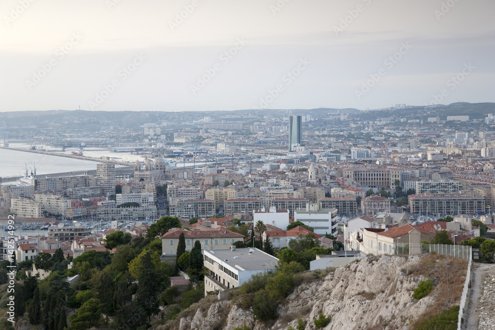 Obraz premium View of the City of Marseilles including the Cathedral Church; France