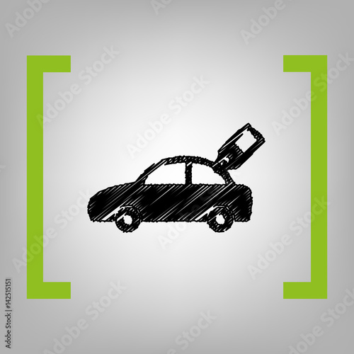 Car sign with tag. Vector. Black scribble icon in citron brackets on grayish background.