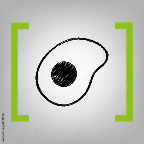 Vector illustration of omelette. Flat designed style icon. Vector. Black scribble icon in citron brackets on grayish background.
