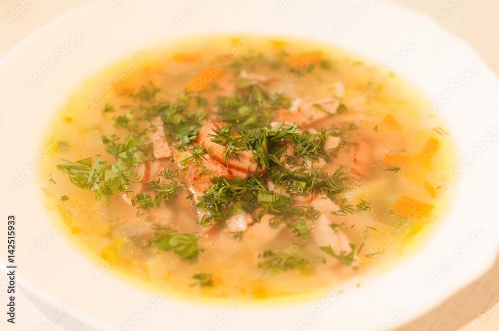 Soup with meat and cropped dill and parsley Soup with meat and cropped dill and parsley