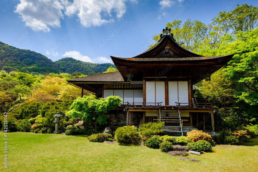 Japanese style house with green lawn, forest and puffy clouds