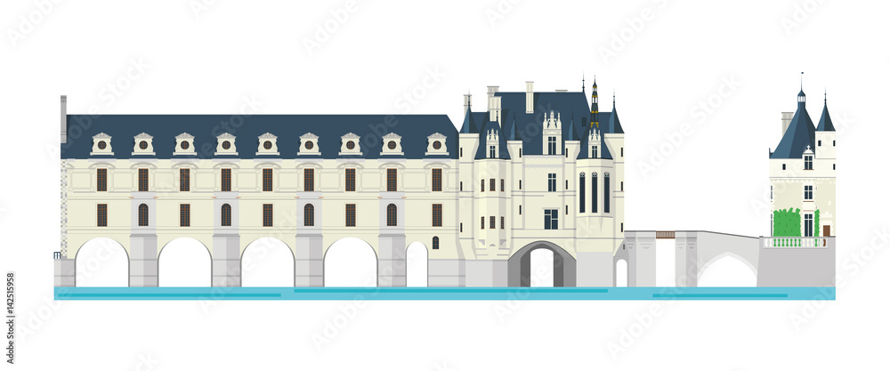 Chenonceau Castle, Loire Valley, France. Isolated on white background vector illustration.