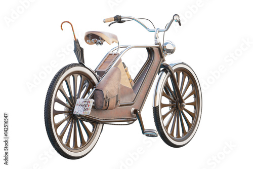 Old vintage bicycle. Steampunk style. On a white background. 3d render