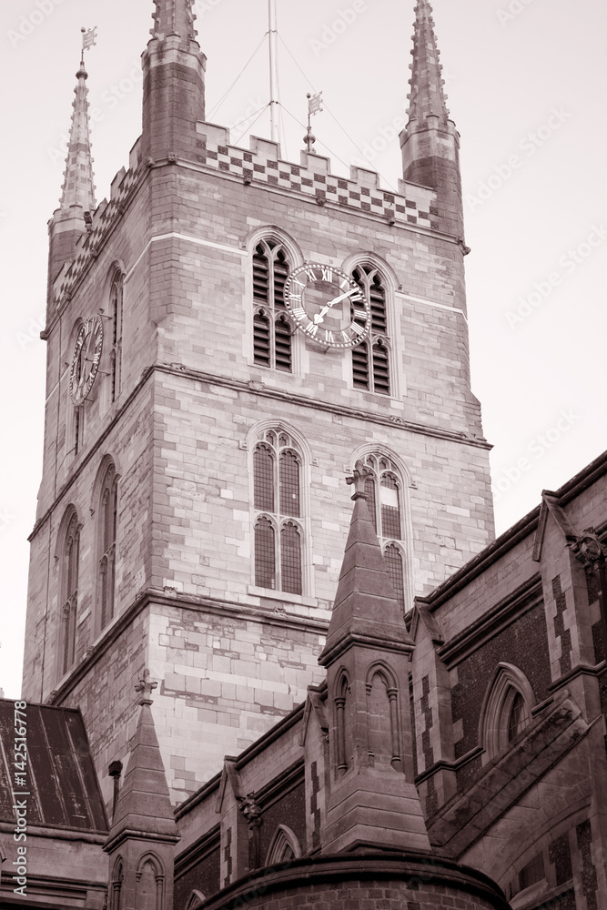 Tower of Southwark Cathedral Church in Black and White Sepia Tone, London, England, UK
