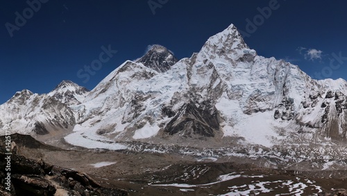Mount Everest, Nuptse and Khumbu glacier with Everest Base Camp. View from Kala Patthar.