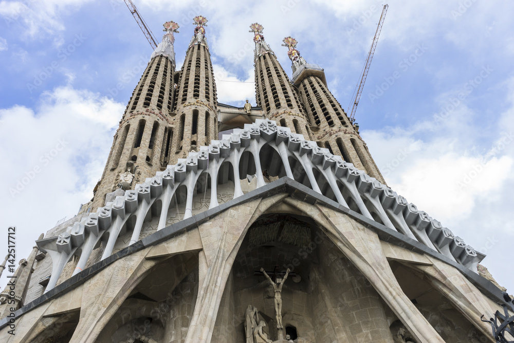 Facade Temple under construction of the Sagrada Familia, Barcelona. Designed by Antonio Gaudi. Catalonia, Spain