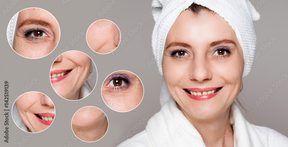 Naklejka premium happy woman after beauty treatment - before/after shots - skin care, anti-aging procedures, rejuvenation, lifting, tightening of facial skin