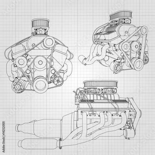 A set of several types of powerful car engine. The engine is drawn with black lines on a white sheet in a cage