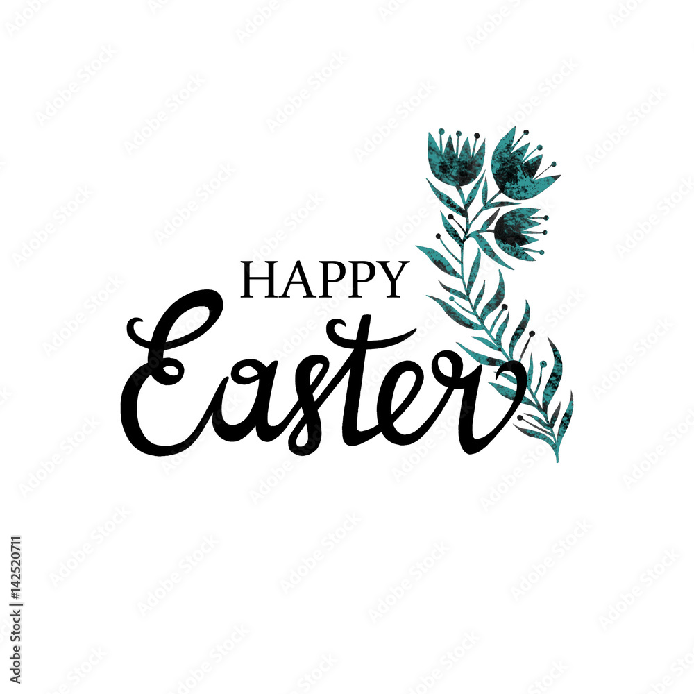 Happy Easter lettering with flower on a white background