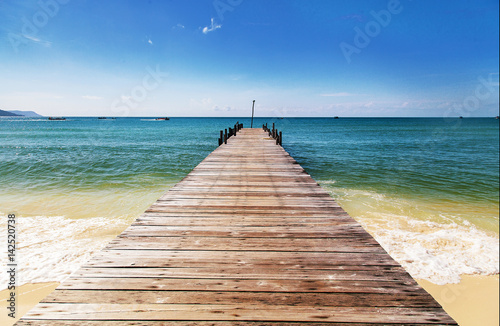 Wooden bridge over the sea. Travel and Vacation. Freedom Concept. Koh Rong island, Cambodia