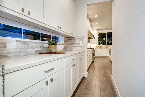 White kitchen wet bar features white modern cabinets