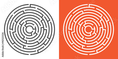 Round maze isolated on white and orange backgrounds. Circle labyrinth. Vector illustration