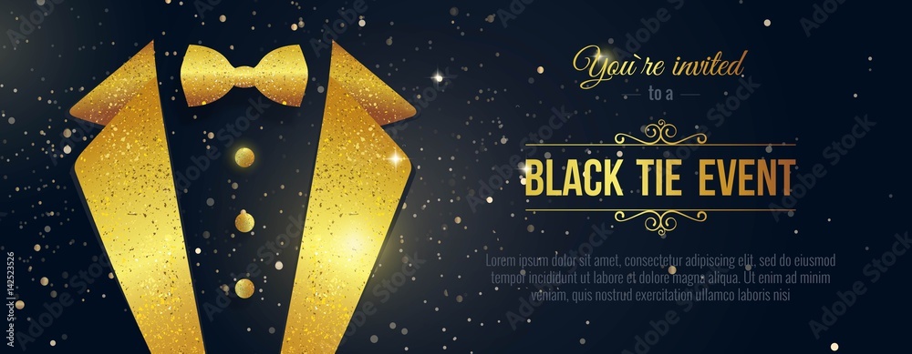 Horizontal Black Tie Event Invitation. Businessmen banner. Elegant black  card with golden sparkles.  Black banner with businessman suit. Vector illustration - obrazy, fototapety, plakaty 