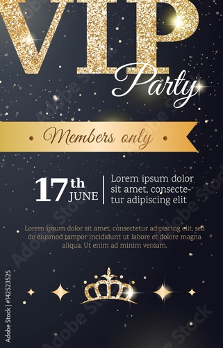 VIP party premium vertical invitation card. Black and golden design template. Vector illustration