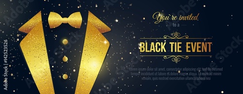 Horizontal Black Tie Event Invitation. Businessmen banner. Elegant black  card with golden sparkles.  Black banner with businessman suit. Vector illustration photo