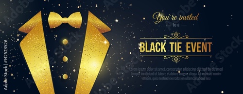 Horizontal Black Tie Event Invitation. Businessmen banner. Elegant black  card with golden sparkles.  Black banner with businessman suit. Vector illustration