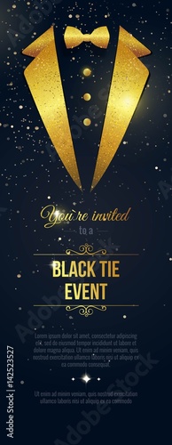 Vertical Black Tie Event Invitation. Businessmen banner. Elegant black  card with golden sparkles.  Black banner with businessman suit. Vector illustration