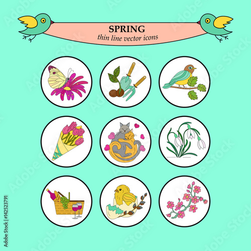 Spring thin line colored vector icons.