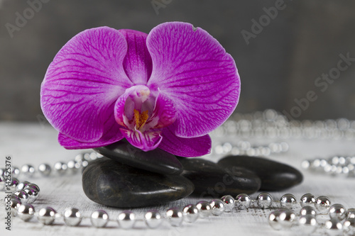 wellbeing concept with hot stones and pink orchid