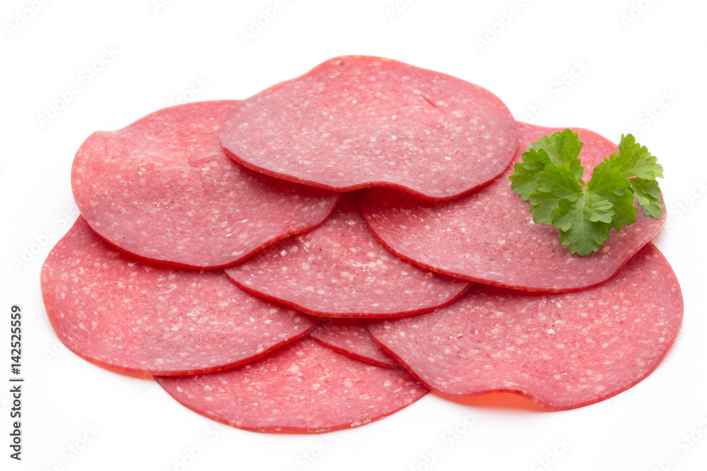 Salami smoked sausage one slice isolated on white background cutout. Salami smoked sausage one slice isolated on white background cutout.