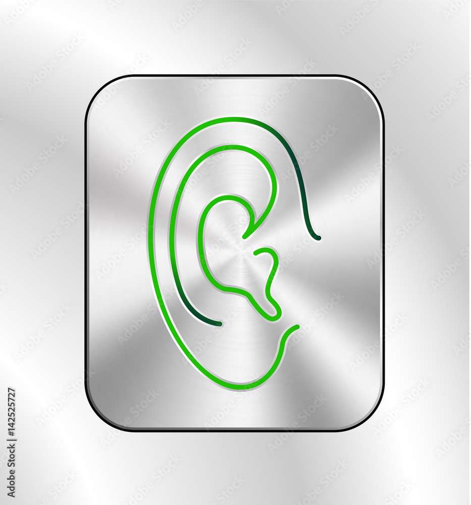Ear lines icon. Green tones. Chrome button. Sound badge, phone sign, eavesdrop... Ear lines icon. Green tones. Chrome button. Sound badge, phone sign, eavesdrop...