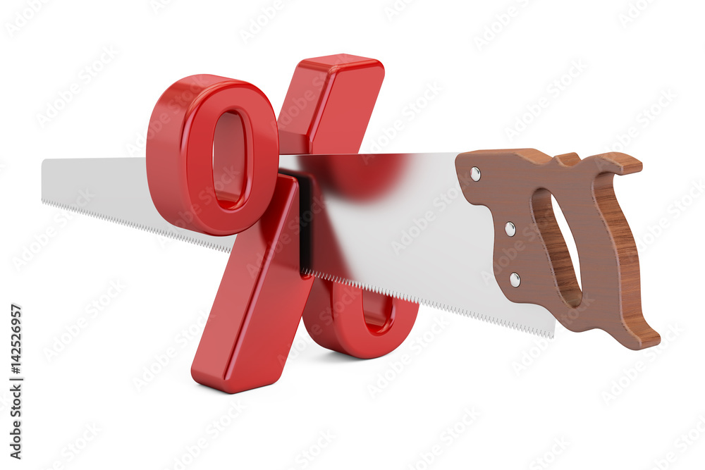 Percent sign with cutting saw. Financial risk concept, 3D rendering