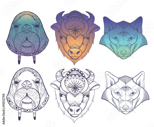 Animals totems: vector wolf, buffalo and walrus