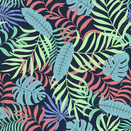 Tropical background with palm leaves. Seamless floral pattern